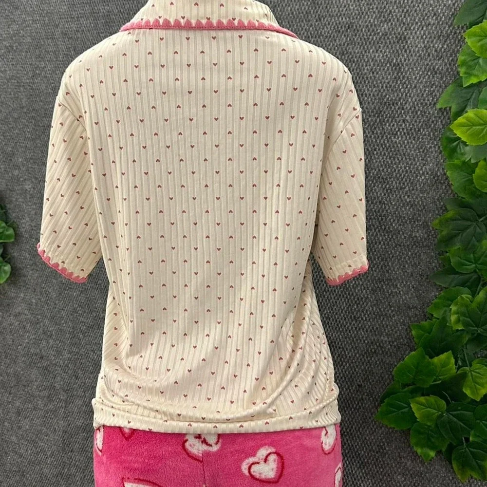 Coquette Pink Heart Ribbed Button Up Pajama Sleep Shirt Women's